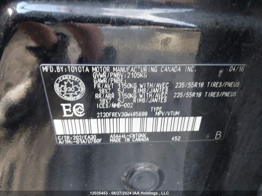 2016 Toyota Rav4 Limited VIN: 2T3DFREV3GW485698 Lot: 12035453