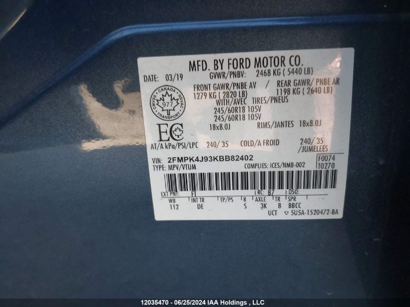 2019 Ford Edge Sel VIN: 2FMPK4J93KBB82402 Lot: 12035470