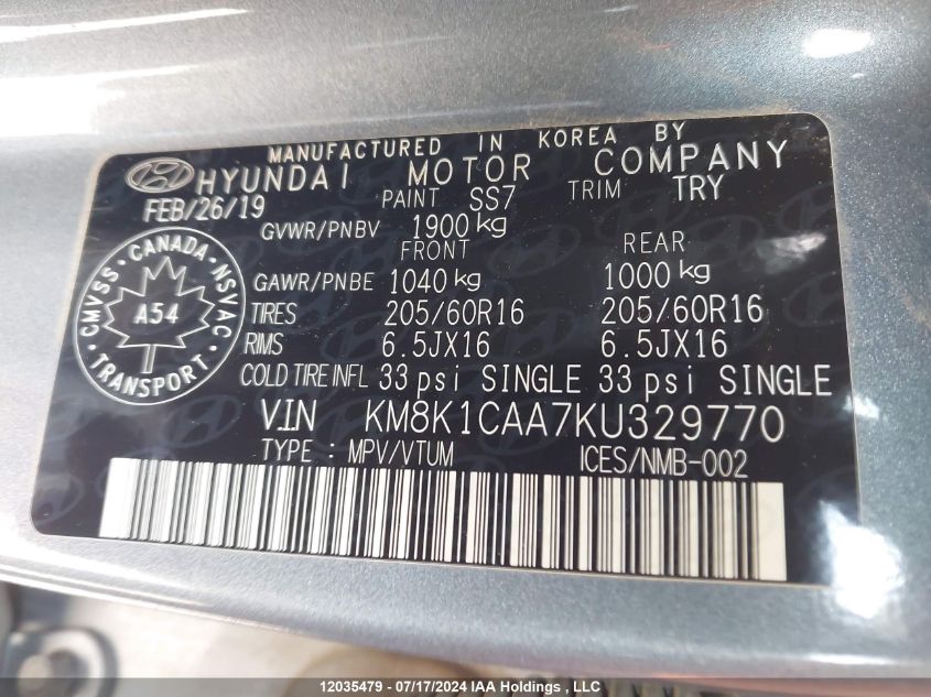 2019 Hyundai Kona Se VIN: KM8K1CAA7KU329770 Lot: 12035479