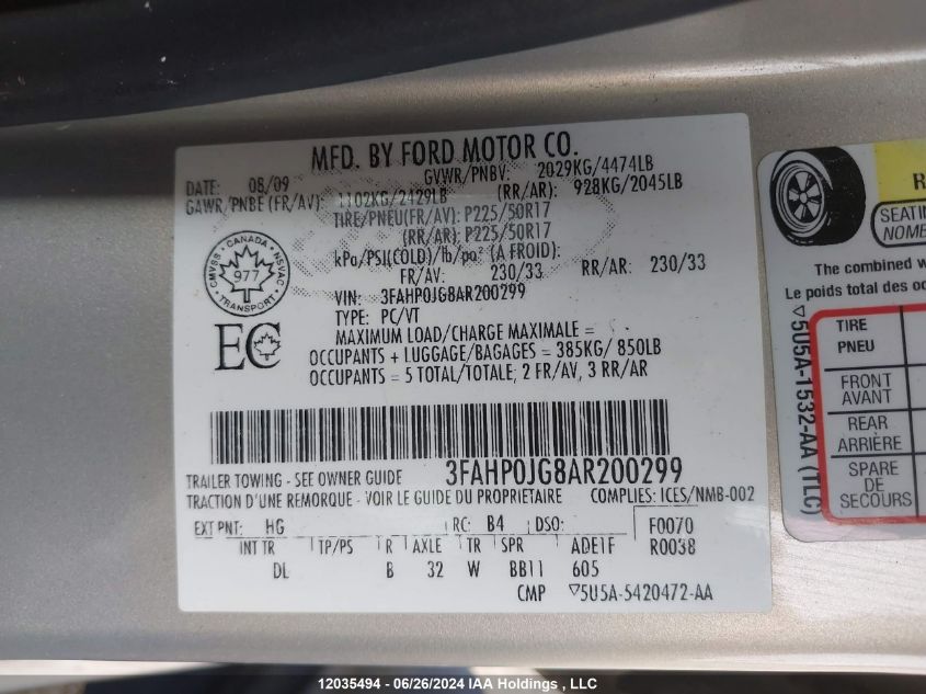 2010 Ford Fusion VIN: 3FAHP0JG8AR200299 Lot: 12035494