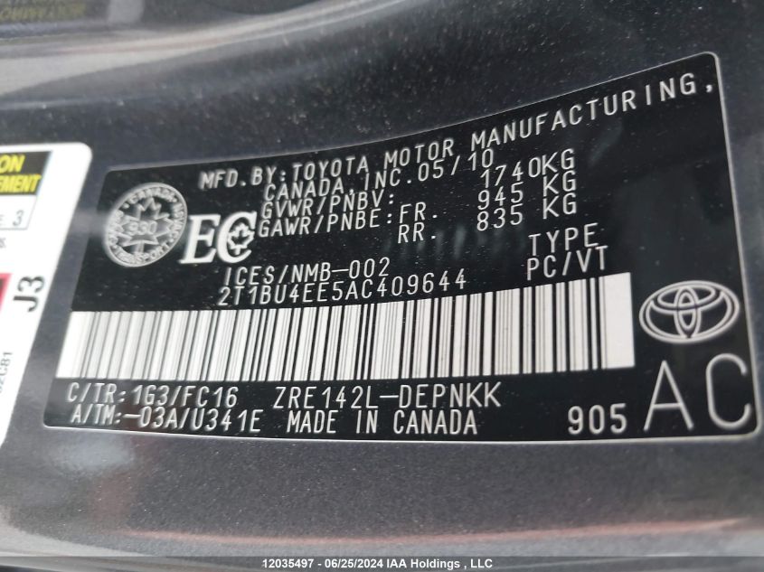 2010 Toyota Corolla S/Le/Xle VIN: 2T1BU4EE5AC409644 Lot: 12035497