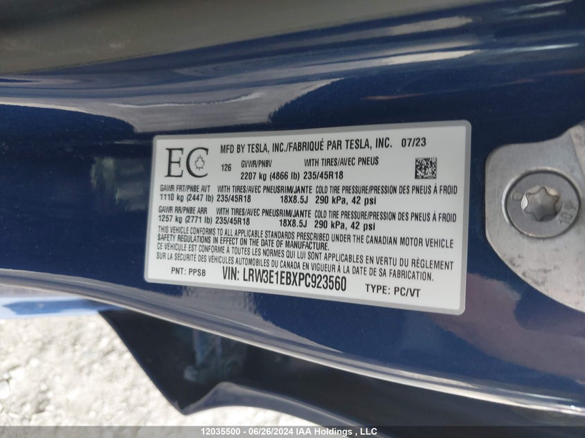 2023 Tesla Model 3 VIN: LRW3E1EBXPC923560 Lot: 12035500