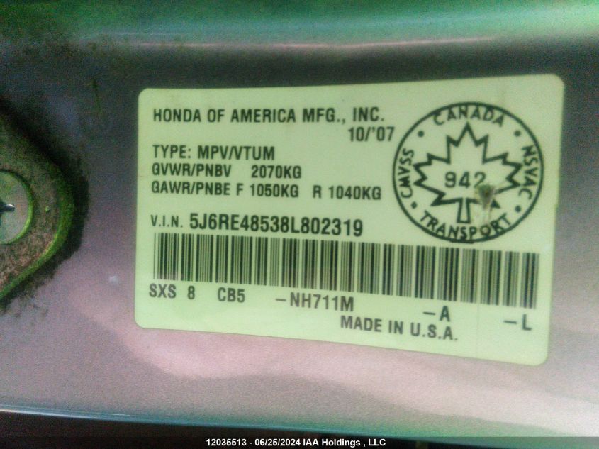 2008 Honda Cr-V Ex VIN: 5J6RE48538L802319 Lot: 12035513