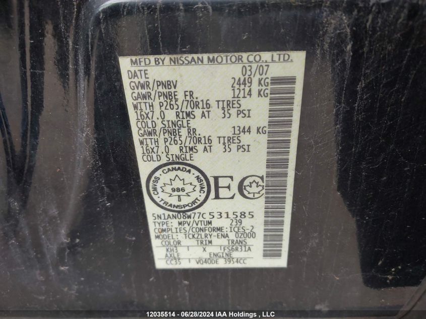 2007 Nissan Xterra Off Road/S/Se VIN: 5N1AN08W77C531585 Lot: 12035514