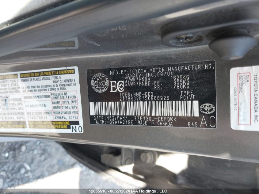 2005 Toyota Corolla Ce/Le/S VIN: 2T1BR32E15C866926 Lot: 12035516