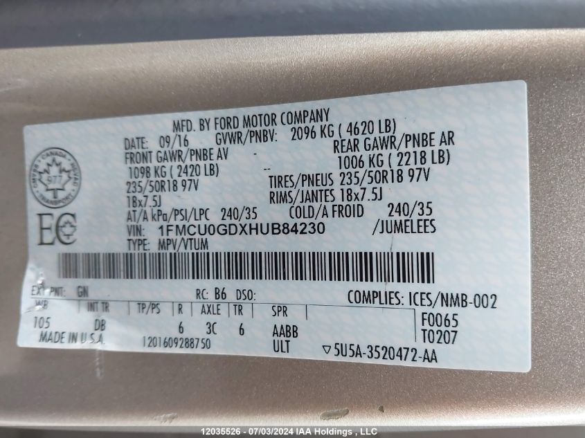 2017 Ford Escape Se VIN: 1FMCU0GDXHUB84230 Lot: 12035526