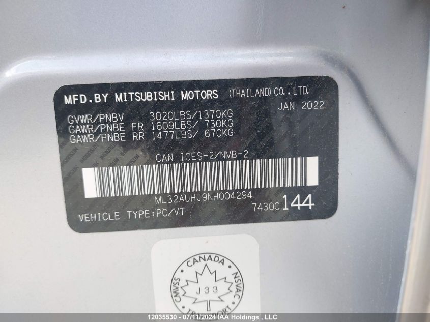 2022 Mitsubishi Mirage Es/Le VIN: ML32AUHJ9NH004294 Lot: 12035530