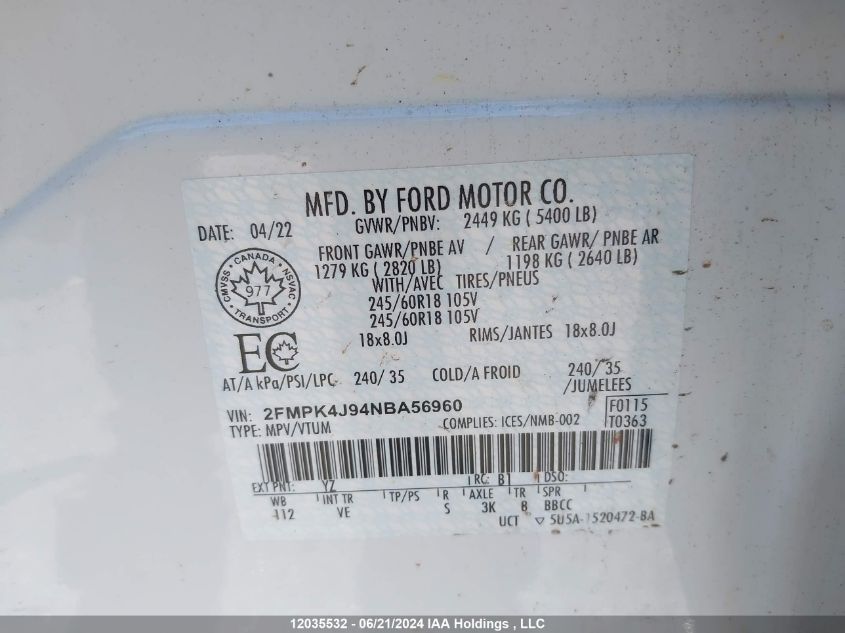 2022 Ford Edge Sel VIN: 2FMPK4J94NBA56960 Lot: 12035532