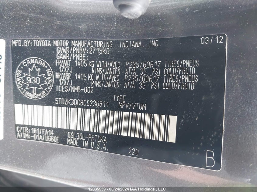 2012 Toyota Sienna V6 7 Passenger VIN: 5TDZK3DC8CS236811 Lot: 12035539