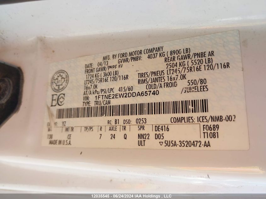 2013 Ford Econoline E250 Van VIN: 1FTNE2EW2DDA65740 Lot: 12035545