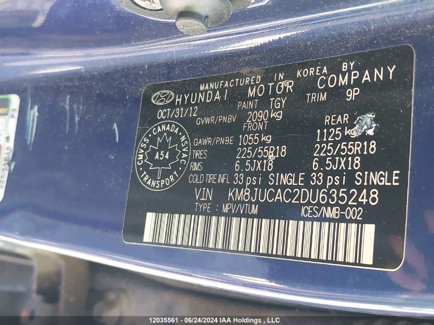 2013 Hyundai Tucson Gls/Limited VIN: KM8JUCAC2DU635248 Lot: 12035561