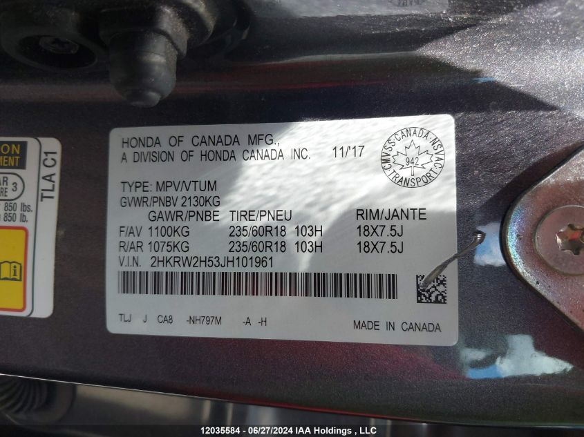 2018 Honda Cr-V VIN: 2HKRW2H53JH101961 Lot: 12035584