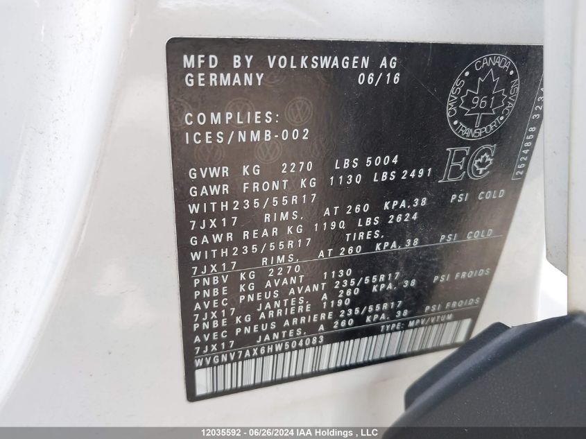 2017 Volkswagen Tiguan VIN: WVGNV7AX6HW504083 Lot: 12035592