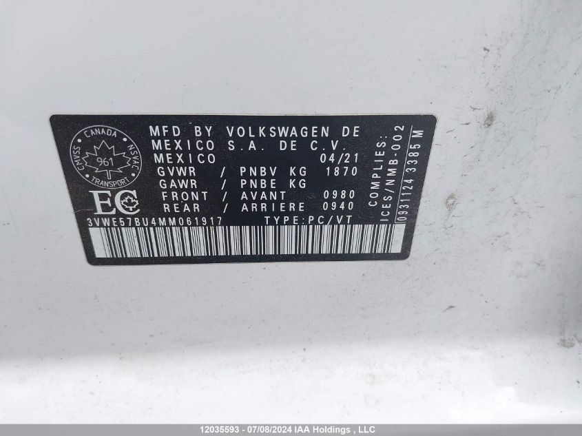 2021 Volkswagen Jetta VIN: 3VWE57BU4MM061917 Lot: 12035593