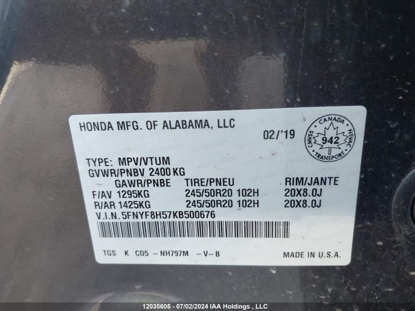 2019 Honda Passport VIN: 5FNYF8H57KB500676 Lot: 12035605