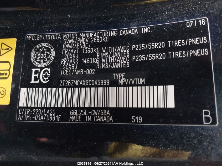 2016 Lexus Rx 350 VIN: 2T2BZMCAXGC045999 Lot: 12035615