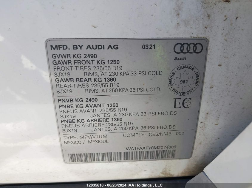 2021 Audi Q5 VIN: WA1FAAFY8M2074006 Lot: 12035618