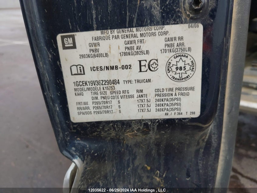 2006 Chevrolet Silverado 1500 VIN: 1GCEK19V36Z290484 Lot: 12035622