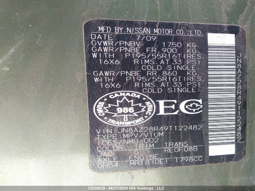 2009 Nissan Cube 1.8Sl VIN: JN8AZ28R49T122482 Lot: 12035629