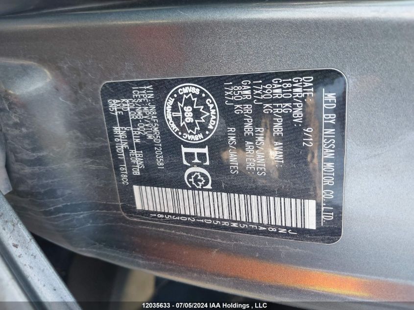 2013 Nissan Juke VIN: JN8AF5MR5DT203581 Lot: 12035633