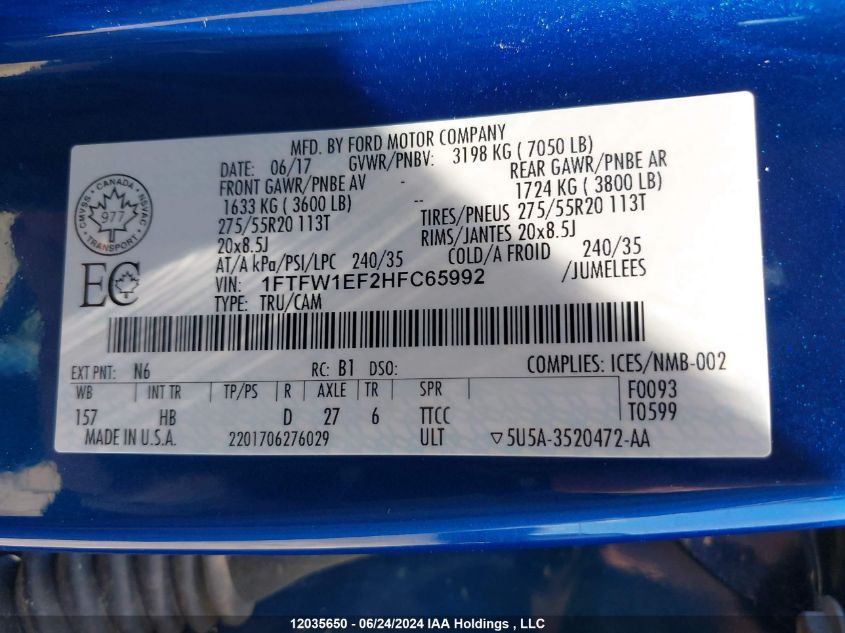 2017 Ford F150 Supercrew VIN: 1FTFW1EF2HFC65992 Lot: 12035650