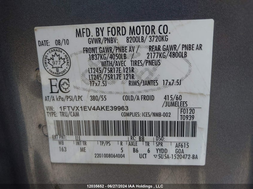 2010 Ford F150 Super Cab VIN: 1FTVX1EV4AKE39963 Lot: 12035652