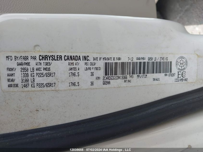 2012 Dodge Grand Caravan Crew VIN: 2C4RDGDG1CR419366 Lot: 12035655