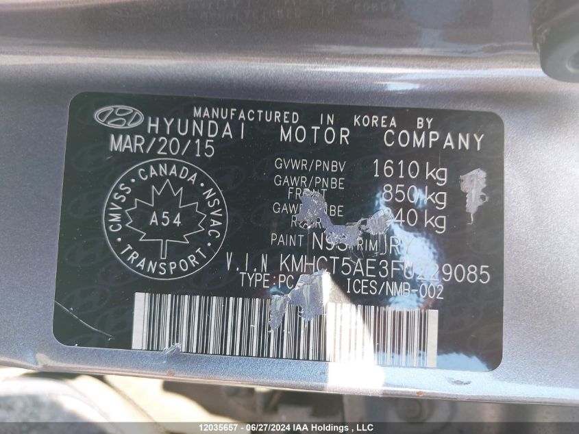 2015 Hyundai Accent VIN: KMHCT5AE3FU229085 Lot: 12035657