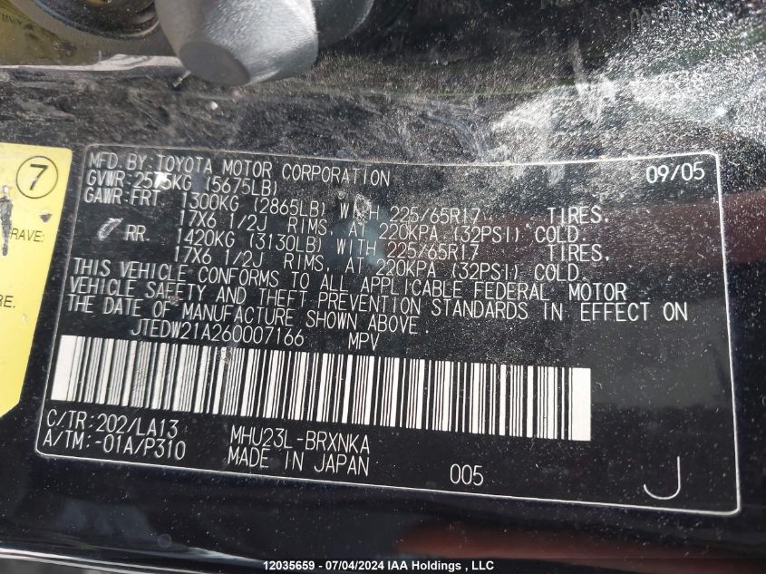 2006 Toyota Highlander Hybrid Hybrid VIN: JTEDW21A260007166 Lot: 12035659