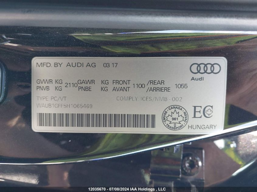 2017 Audi S3 VIN: WAUB1GFF5H1065469 Lot: 12035670