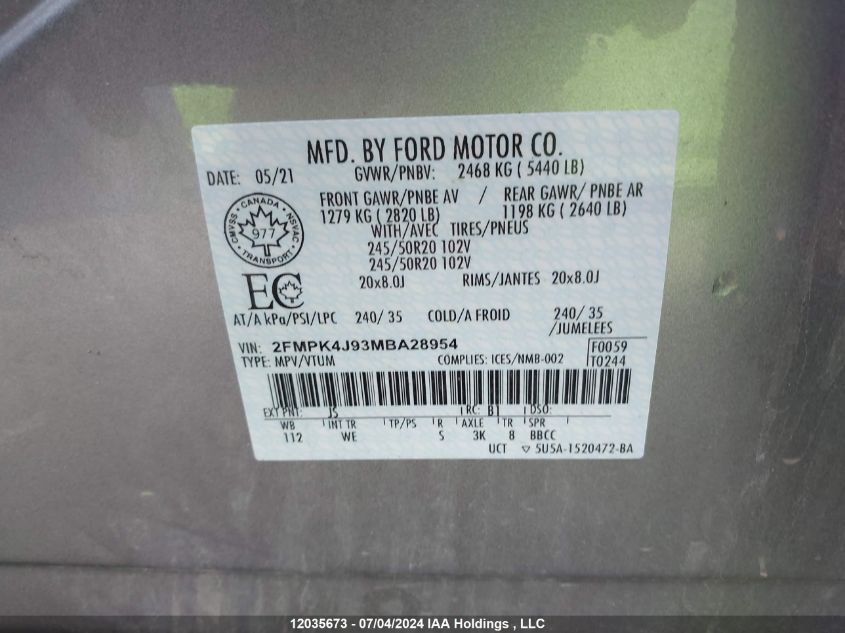 2021 Ford Edge St Line VIN: 2FMPK4J93MBA28954 Lot: 12035673