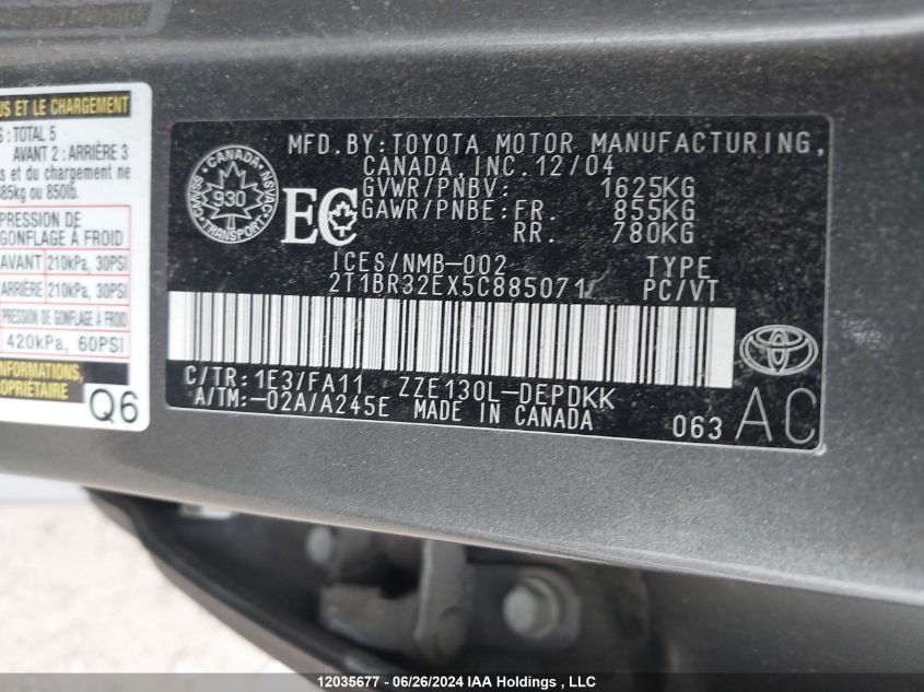 2005 Toyota Corolla Ce/Le/S VIN: 2T1BR32EX5C885071 Lot: 12035677