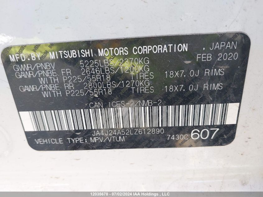 2020 Mitsubishi Outlander Sel/Gt/Fe VIN: JA4J24A52LZ612890 Lot: 12035678