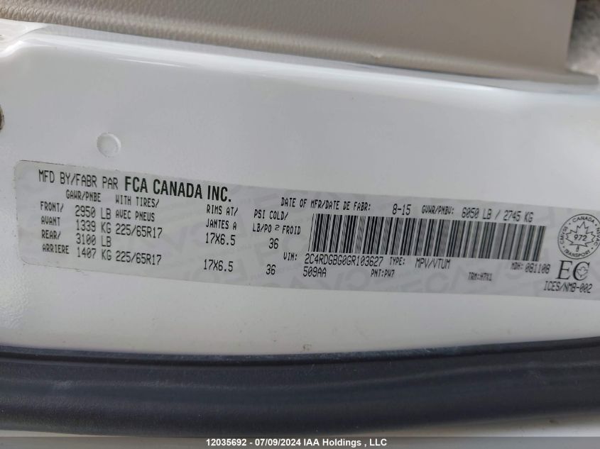 2016 Dodge Grand Caravan Se VIN: 2C4RDGBG0GR103627 Lot: 12035692