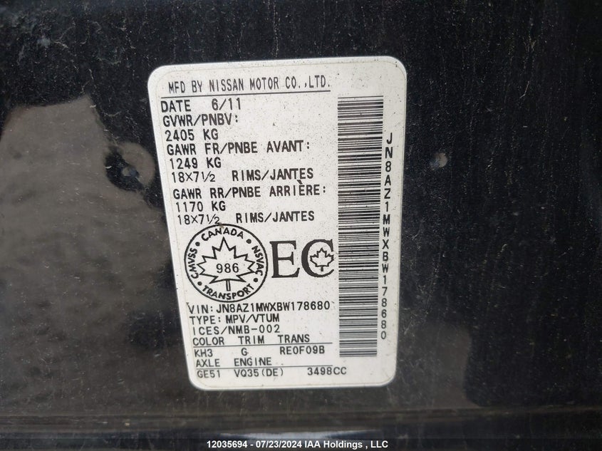 2011 Nissan Murano S/Sl/Le VIN: JN8AZ1MWXBW178680 Lot: 12035694