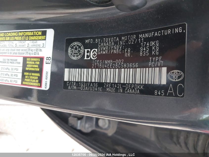 2011 Toyota Corolla S/Le VIN: 2T1BU4EE2BC583656 Lot: 12035705