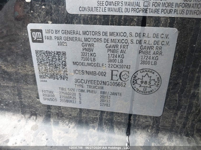 2022 Chevrolet Silverado 1500 Ltd VIN: 3GCUYEED2NG105662 Lot: 12035708