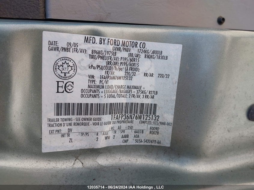 2006 Ford Focus Ses VIN: 1FAFP36N76W125132 Lot: 12035714