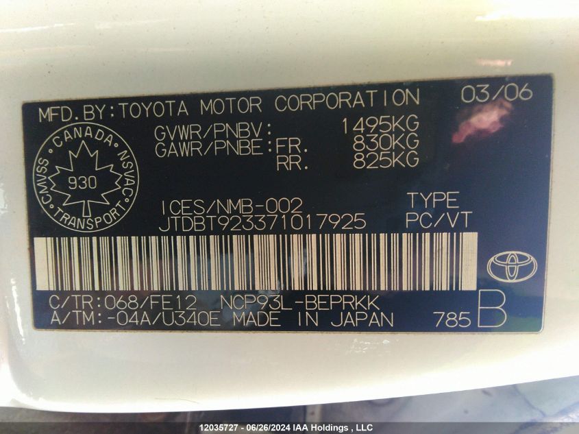 2007 Toyota Yaris VIN: JTDBT923371017925 Lot: 12035727