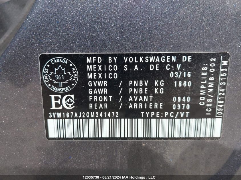 2016 Volkswagen Jetta Sedan VIN: 3VW167AJ2GM341472 Lot: 12035730