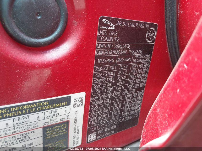 2019 Jaguar F-Pace VIN: SADCK2FX8KA364675 Lot: 12035733