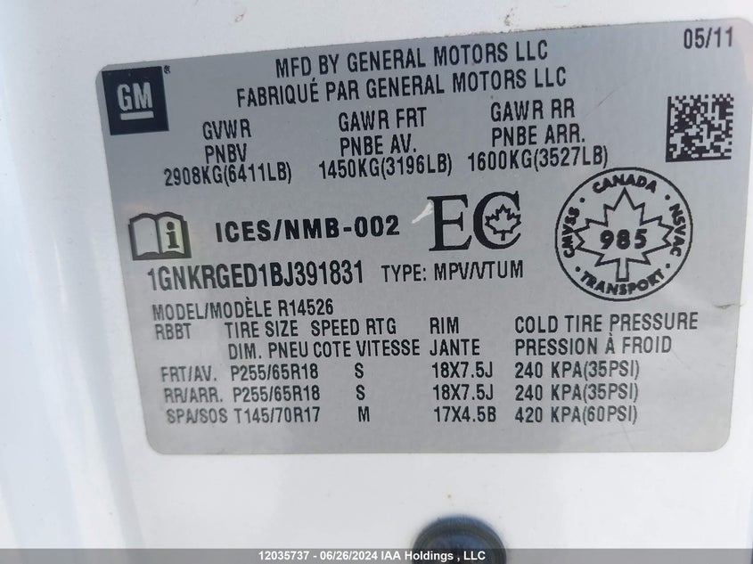 2011 Chevrolet Traverse VIN: 1GNKRGED1BJ391831 Lot: 12035737