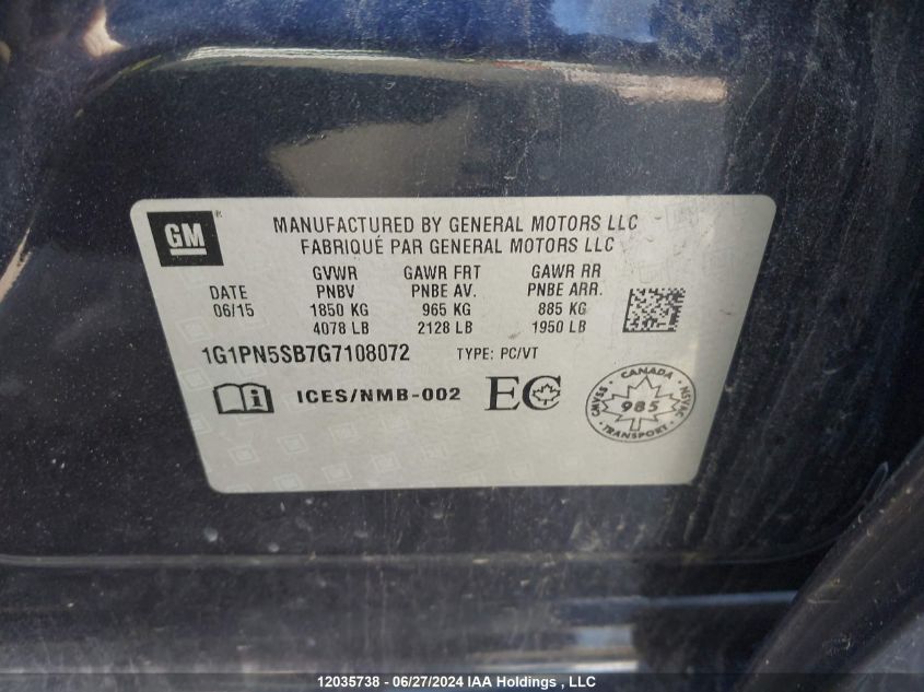 2016 Chevrolet Cruze Limited VIN: 1G1PN5SB7G7108072 Lot: 12035738