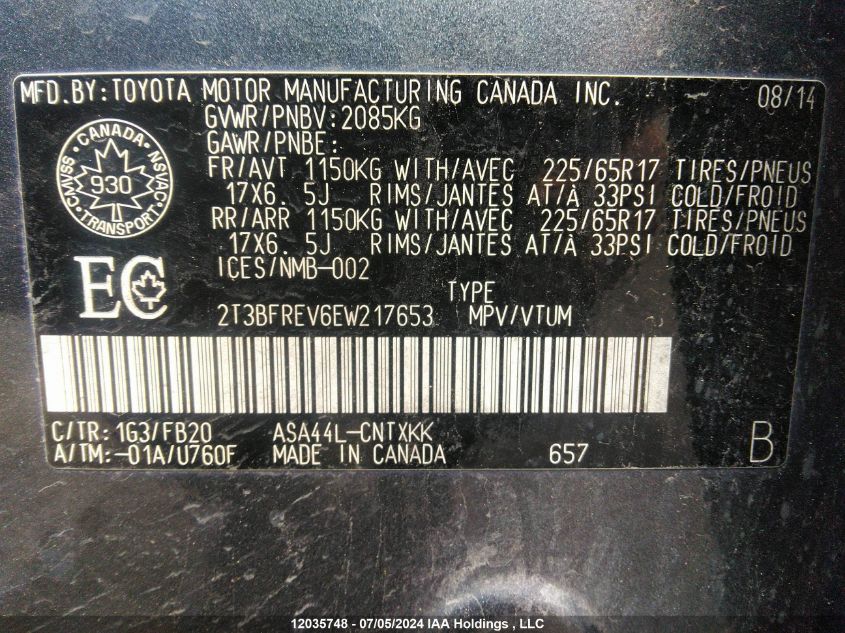 2014 Toyota Rav4 Le VIN: 2T3BFREV6EW217653 Lot: 12035748