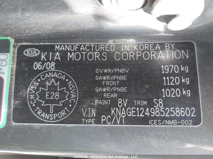 2008 Kia Optima Lx/Ex VIN: KNAGE124985258602 Lot: 12035749