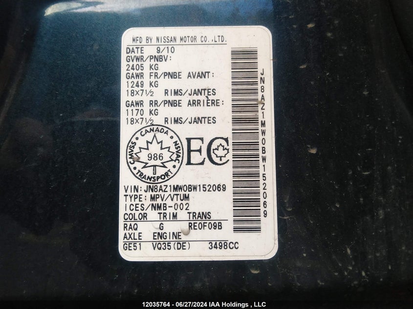 2011 Nissan Murano S/Sl/Le VIN: JN8AZ1MW0BW152069 Lot: 12035764