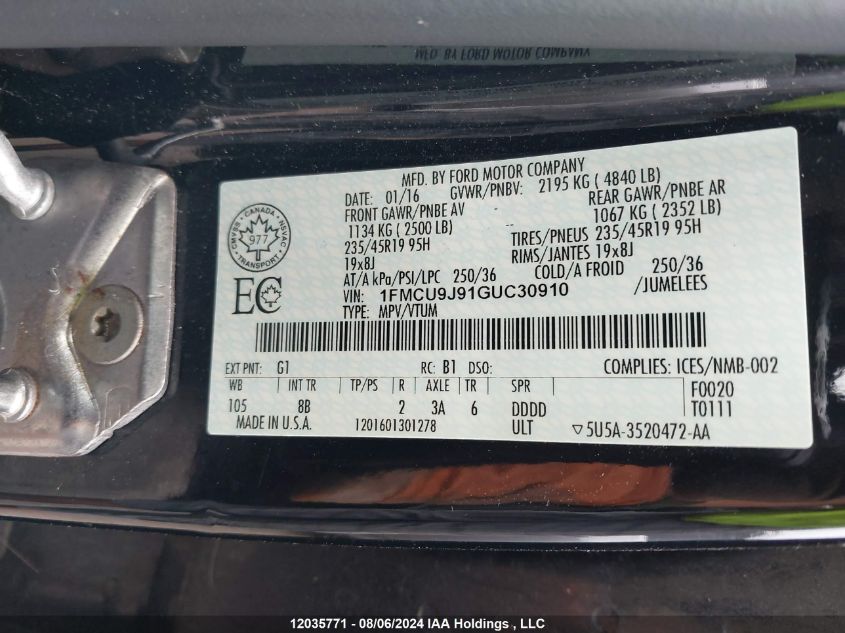 2016 Ford Escape Titanium VIN: 1FMCU9J91GUC30910 Lot: 12035771