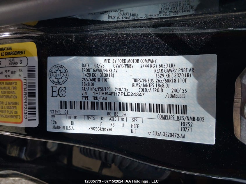 2023 Ford Ranger VIN: 1FTER4FH7PLE24347 Lot: 12035779