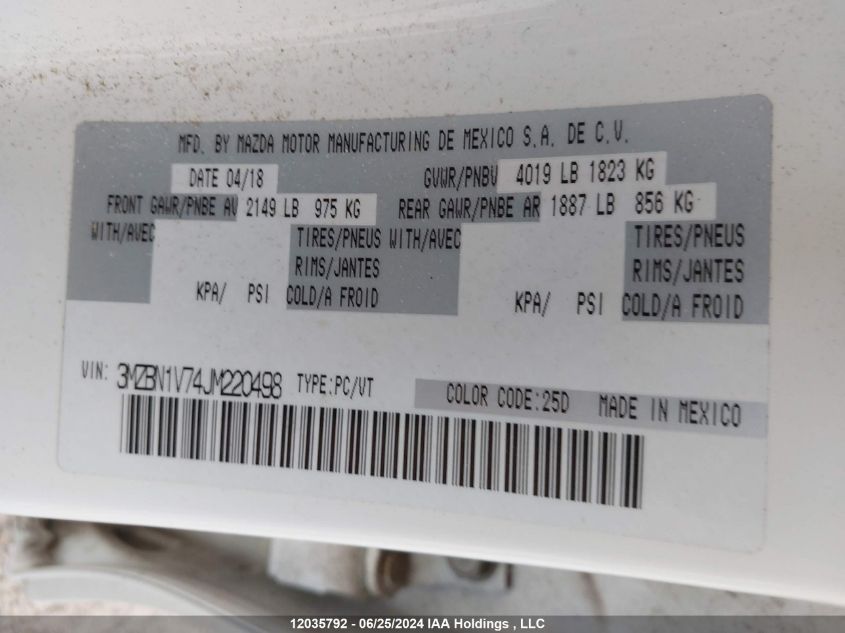 2018 Mazda Mazda3 VIN: 3MZBN1V74JM220498 Lot: 12035792