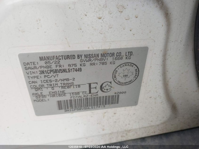 2022 Nissan Kicks VIN: 3N1CP5BV5NL517449 Lot: 12035810